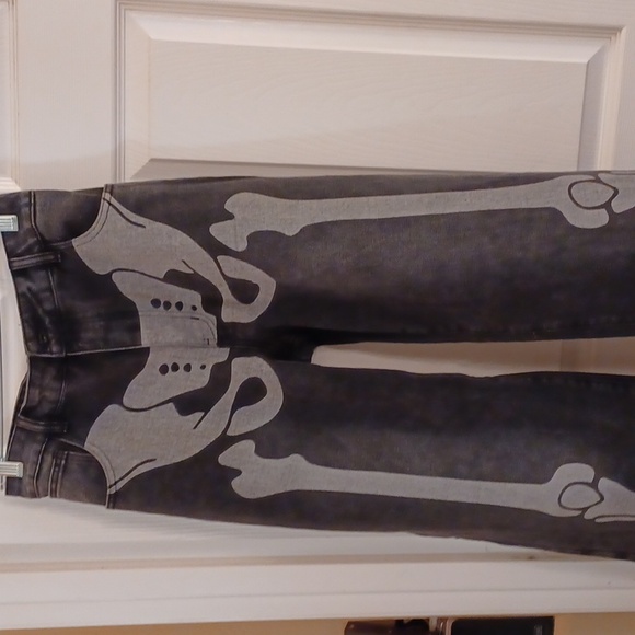 DOLLSKILL TRICKZ N TREATZ XXL WIDE LEG HIGH WAISTED PANTS SKELETON BONES GREY - Picture 10 of 14